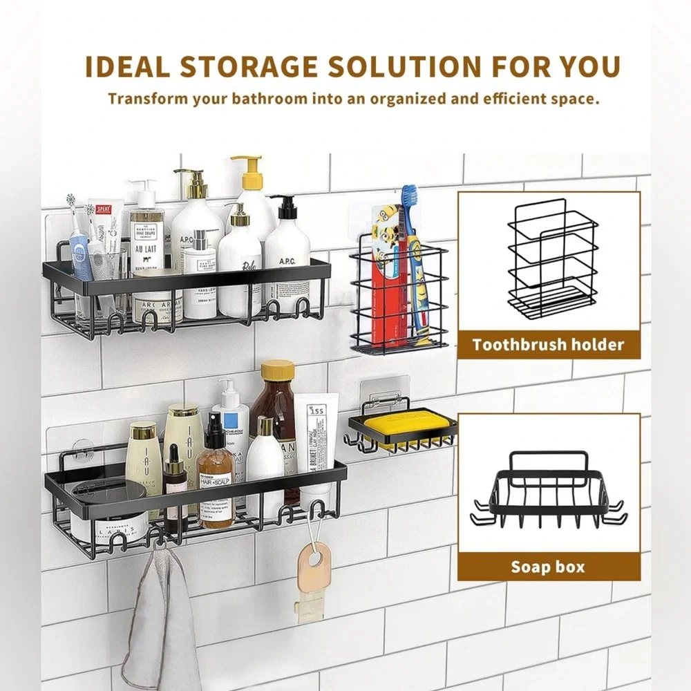 Shower🚿Caddy Shelves OrganizerRack w Hooks🪝Bathroom🛁Self Adhesive Black 4Pack